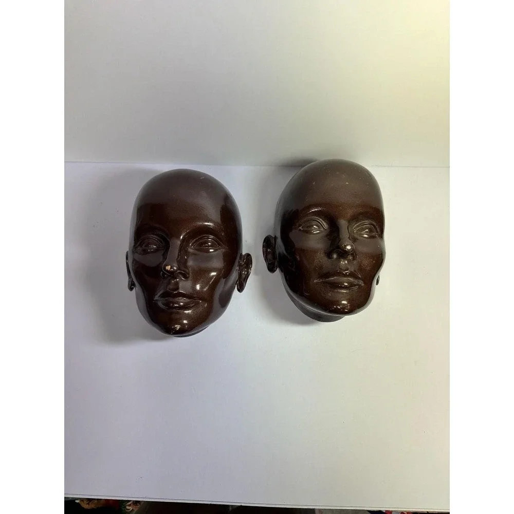 Vintage Female Face Wall Hanging Mask Decor Brown Glaze set of 2